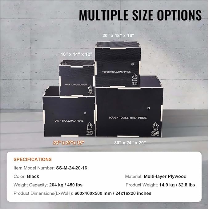 Plyometric Jump Box 3-in-1, 24/20/16 Inch Wood Plyo Box, Fitness Step Platform, Agility Training Box - Home Gym, Strength & Conditioning, Black