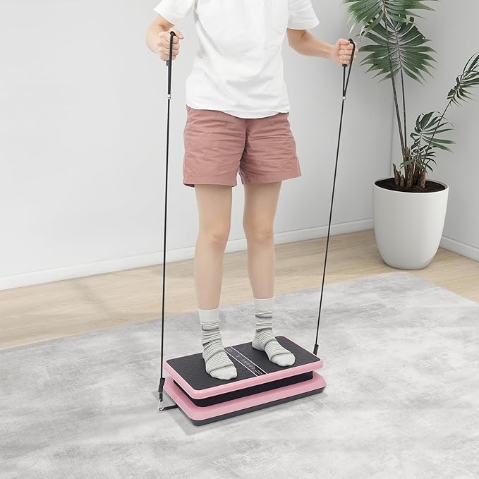 Vibration Plate Exercise Machine, 2 Resistance Bands Full-Body Workout Machine, 330LBS Load 200W Exercise Vibrating Platform, Dual Control Vibration Plate for Circulation, Pink