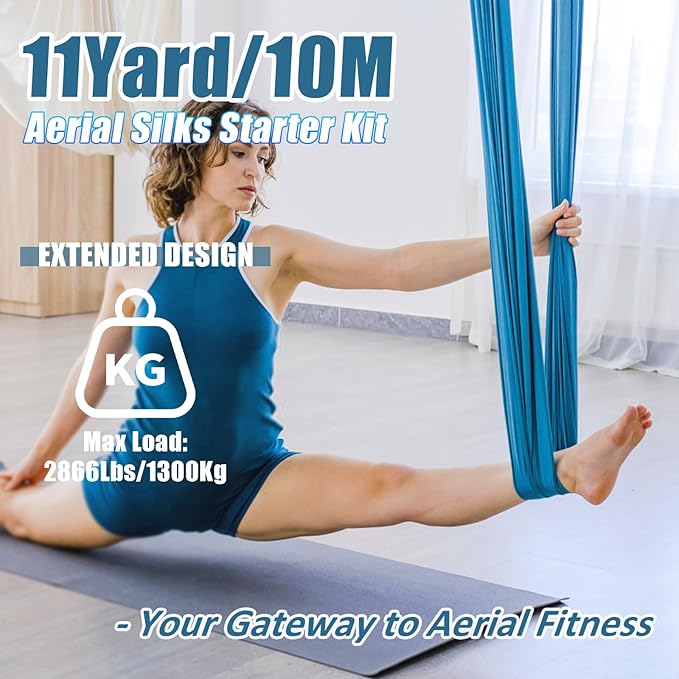 Aerial Silks Kit & Aerial Yoga Hammock - 11Yd Premium Fabric with Hardware - Easy Setup for Flying Yoga, Aerial Swing & Fitness - Supports Up to 14ft Rigging