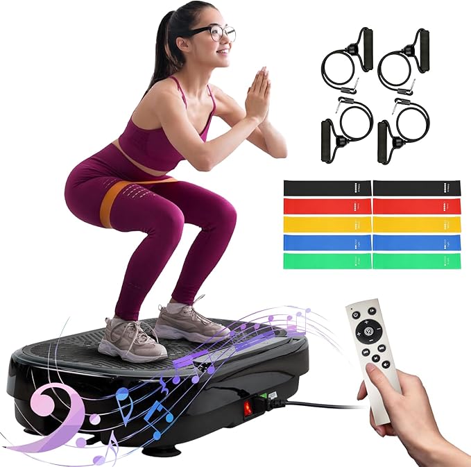 Vibration Plate Exercise Machine, 500 Lbs Capacity, with Bluetooth and LED Display, 999 Speeds Workout Vibrating Plate for Lymphatic Drainage Weight Loss, 4pc Loop Bands and 10pc Resistance Bands
