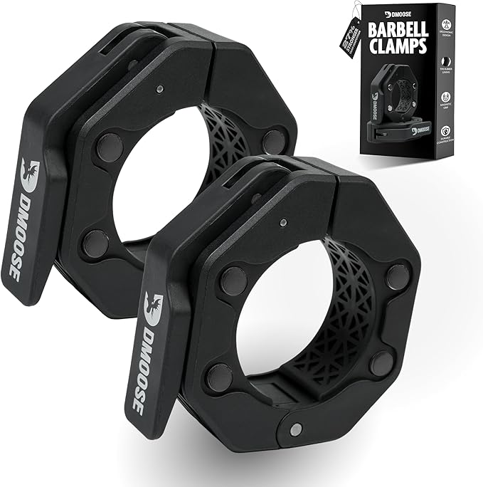 DMoose Fitness Barbell Clips 2 Inch (Pair) - Quick Release Olympic Barbell Clamps & Collars with Anti Slip TPR Grip for Secure Weightlifting and Powerlifting - Weight Clips for Bars at Home or Gym