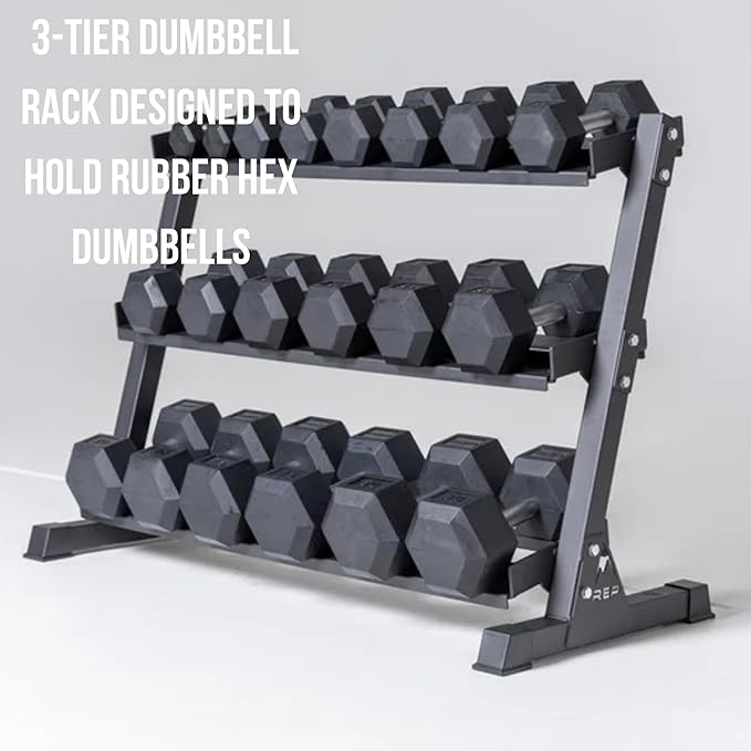 Rep Fitness Dumbbell Rack | 3-Tier Compact Holder | Fits Sets 5-50 lb | Weight Storage Stand | Rubber Hex Organizer | Free Weights Shelf | Heavy Duty Steel Frame | Gym Equipment for Home