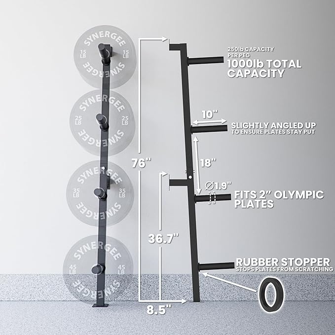 Synergee Weight Plate Storage Rack. Wall Mounted Weight Plate Holder. 4 Pegs with 1000 lb Weight Capacity Storage Rack.