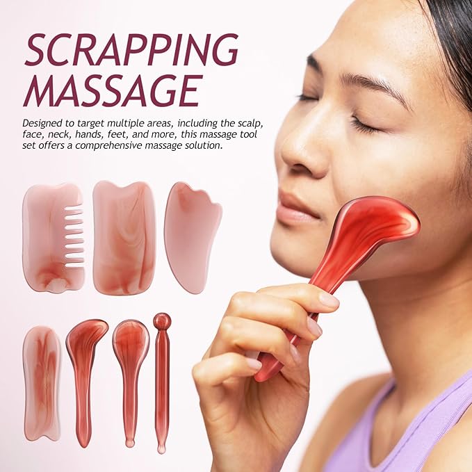 Resin Gua Sha Board Set – 7 Pack Scraping Massage Tools for Physical Therapy, Facial Care, Neck & Shoulder Relief, Includes Storage Pouch