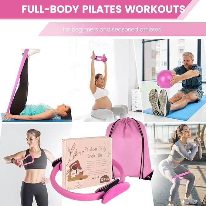 JITUIHOM Home Pilates Essentials Kit for Women - Complete Pink Equipment Set with 9 Inch Yoga Ball, Figure 8 Resistance Band, Bands & Accessories, Ring for Beginners Workouts