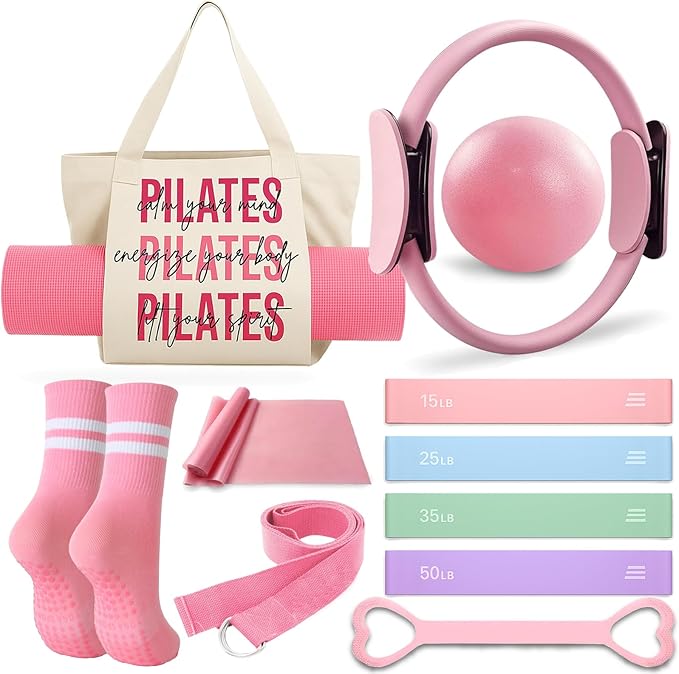 Pilates Kit for Home Workouts with Pilates Ring and Ball Set, Resistance Bands Set, Yoga Mat Bag, Yoga Straps, Figure 8 Resistance Band, Pilates Essentials Kit for Women, Beginners,Pilates Set Gift