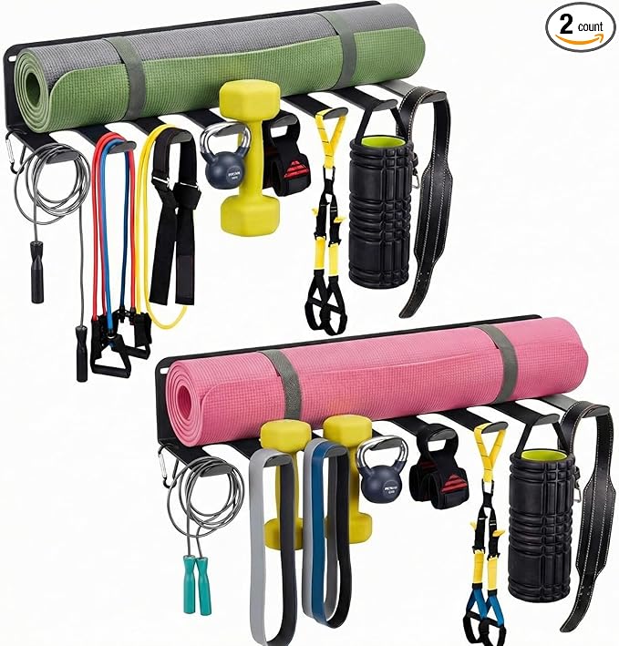BreezeHug 2 Pcs Gym Wall Mount Storage Rack 8 Hook Heavy Duty Metal Home Gym Organizer for Resistance Band Jump Rope Barbell Accessories Multipurpose Fitness Equipment Storage, Carabiners Include
