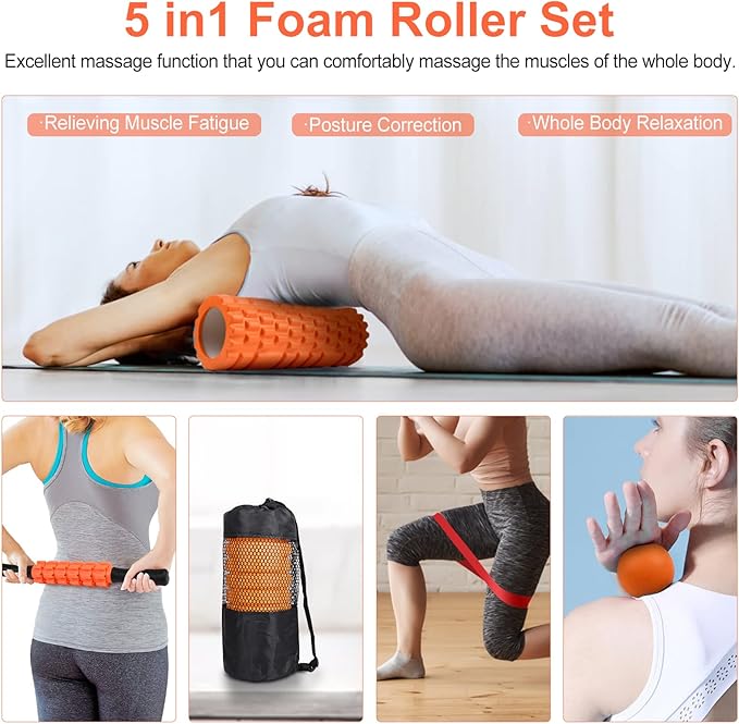 5 in 1 Foam Roller Set: Trigger Point Roller, Yoga Stick, Massage Ball, Fitness Stretching Strap, Carrying Bag, Towel for Deep Muscle Massage, Pilates and Yoga