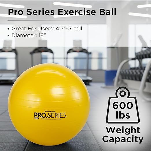 THERABAND Pro Series Exercise Ball, 18" Yellow Stability Ball for 4'7"–5' Users, Anti-Burst Yoga & Pilates Ball, Balance & Core Trainer, For Athletes Fitness at Gym & Home