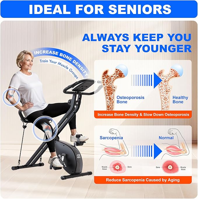 Silent Folding Exercise Bike for Apartments - 330lbs Capacity, 3-in-1 Stationary Bike with Arm Bands & Back Support