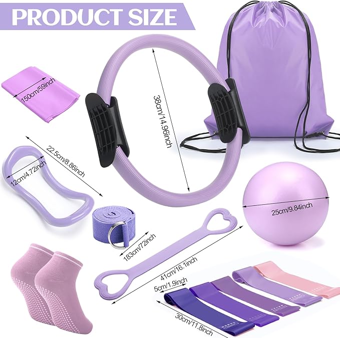 Pilates Ring Circle Set 18 Pcs Exercise Equipment Accessories for Women Workouts Pilates Ball Stretching Strap Magic Circle Yoga Ring Gym Back Bag Resistance Band Anti Slip Socks