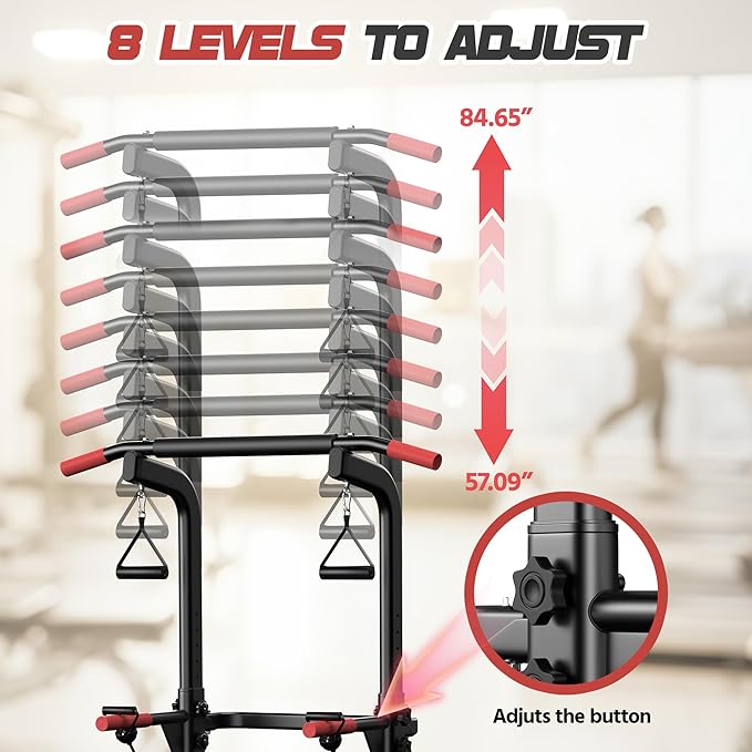 Power Tower Pull Up Bar Free standing with Resistance Bands, 350LBS Heavy Duty Alloy Steel Dip Station for Home Gym Strength Training, Adjustable Height Workout Equipment