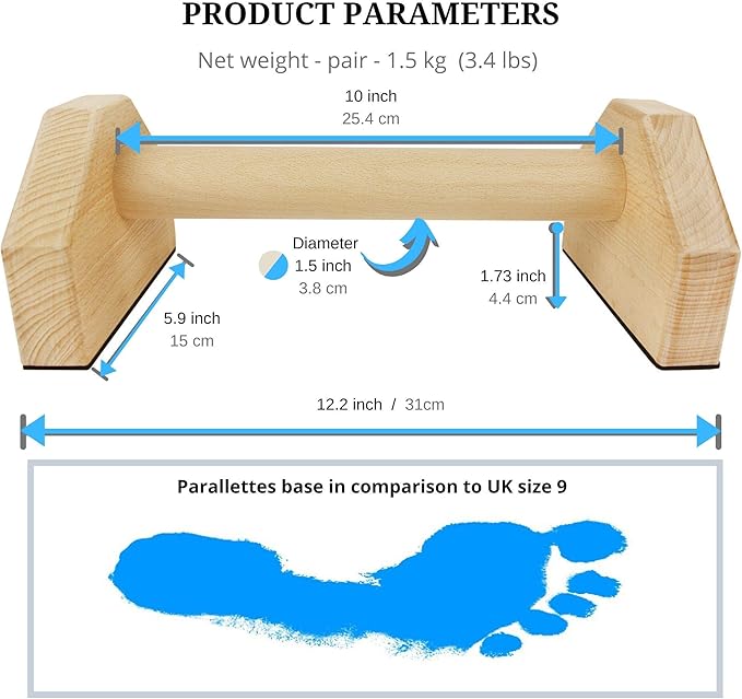 CALI SPORTS Calisthenics Wood Parallettes Bars | Push Up Bar That Will Not Slip or Wobble | Wrist Wraps Included