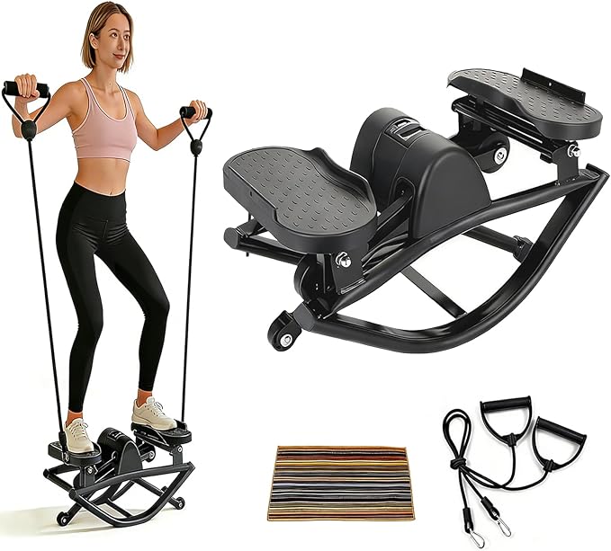 2026 New Rock Stepper Machine with Side to Side Motion and Resistance Bands Compact Stepper for Home Workouts Features Digital Monitor for Steps Time