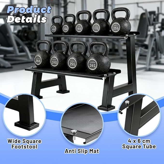 2 Tiers Kettlebell Storage Rack,Weight Rack for Home Gym Dumbbells with Anti Slip mats,Kettlebell Rack for Home Gym for Storing Kettlebells,Dumbbells,and Other Fitness Equipment