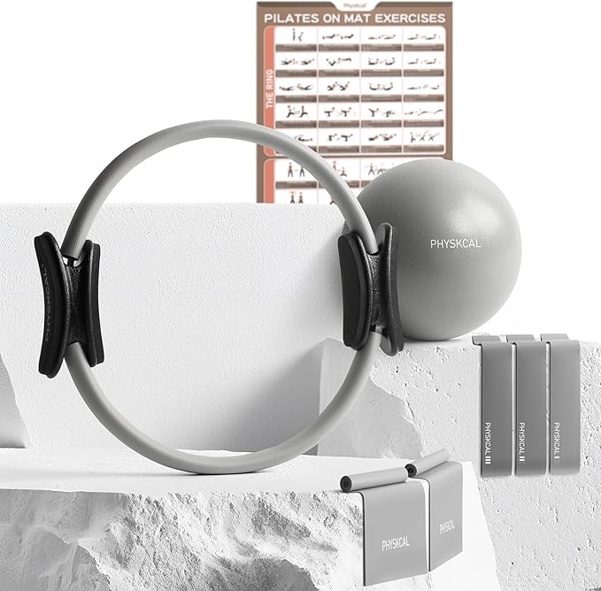 Pilates Kit, 15-Inch Pilates Ring with 1x Core Ball, 3X Resistant Loops and 2X Flex Bands, Home Pilates Equipment Set and Mat Pilates Essential Kit