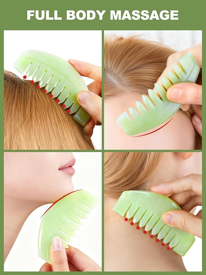 airogym 2 PCS Natural Jade Massage Comb, Guasha Scraping Scalp Comb, Multi-Functional Handheld Head Massage Tools, Meridians Massager for Head Caring, Relaxation, Physical Therapy, Acupoint Treatment