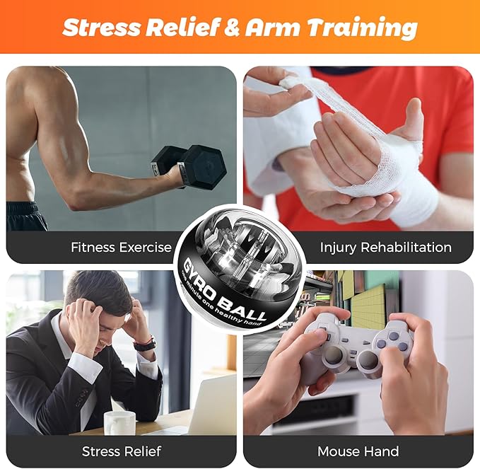 Gyroball Wrist Exerciser Ball, 5 Level Resistance/Light Control, Gyroscopic Forearm Trainer, Strengthening Arms, Fingers, Wrist (Transparent Case)