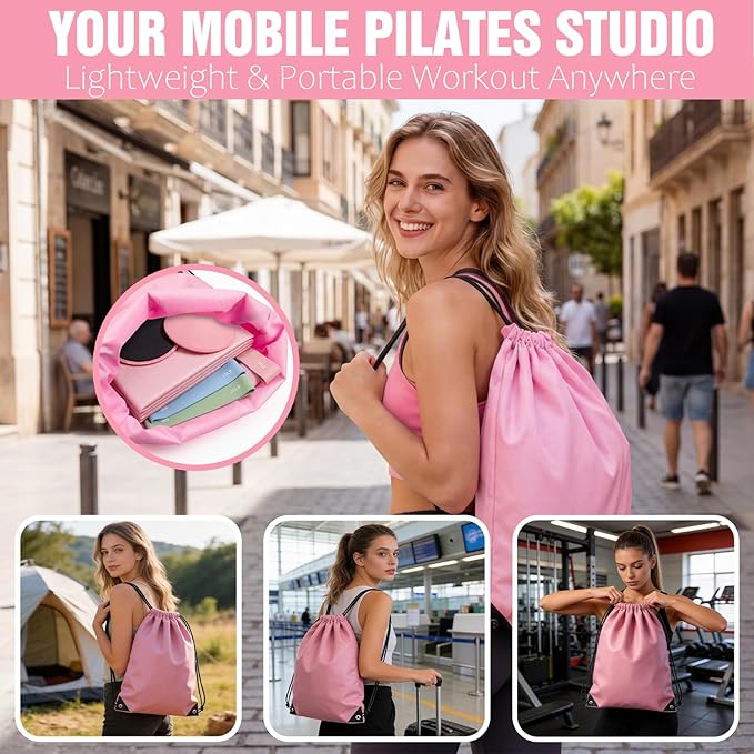 Pilates Kit with Foldable Yoga Mat, Portable Home Workout Pilates Equipment, Lightweight Pilates Set for Travel & Small Spaces,14.5" Pilates Ring and Ball, Resistance Bands & Core Sliders, Pink