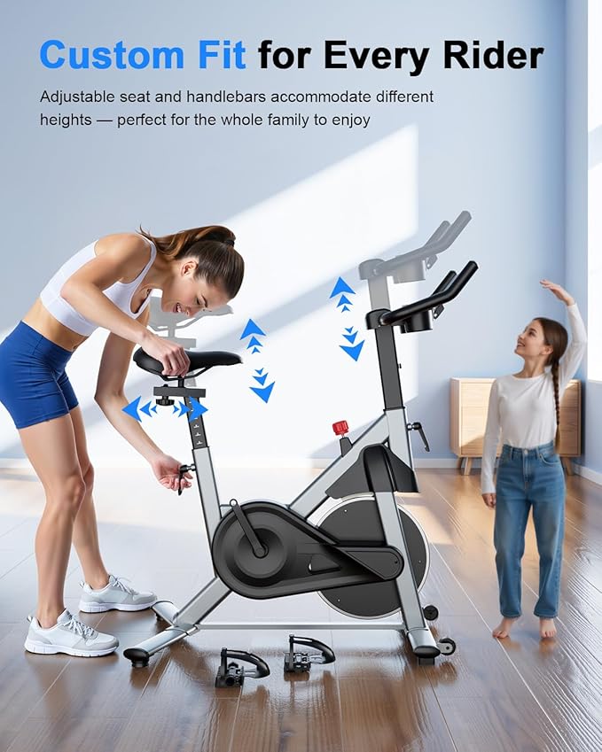 Superun Exercise Bike, Stationary Bikes for Home with Brake Pad, Low Noise Spin Bike with 300LBS Weight Capacity, Indoor Cycling for Home Gym with Pad Mount LCD Monitor and Cup Holder