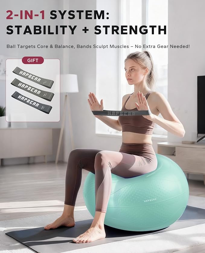 HAPBEAR Exercise Ball (22''/26''/30'') - Anti-Burst Slip-Resistant Yoga/Pilates Ball for Core Training & Posture Improvement, Home Gym/Rehab/Pregnancy Ball, Quick Pump & 3 Resistance Bands Included