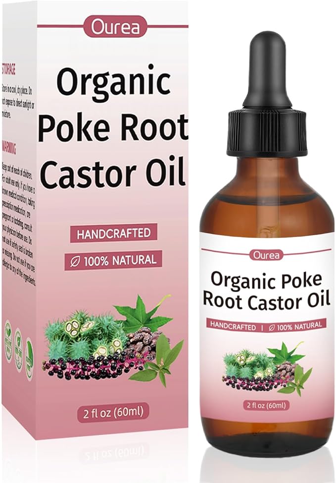 Poke Root Castor Oil Organic - 2 Fl Oz - Lymphatic Support Massage Liquid, Supports Boils, Fibroids, Cysts, Swollen Lymph Nodes, Breast & Joint Health, Natural Deep Tissue Relief Drops