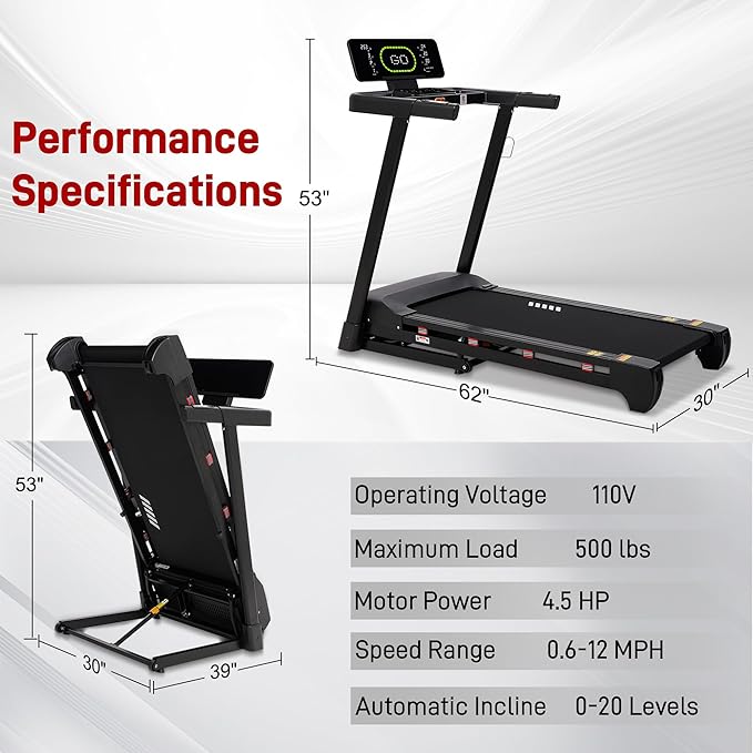 Heavy Duty Treadmill for Home, 20-Level Auto Incline Treadmill, 500 LB Capacity, 20" Wide Deck, 0.6-12 MPH, 4.5 HP, LED Display, Bluetooth Speaker & App