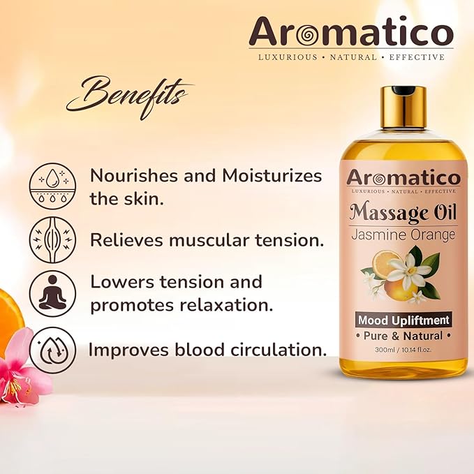 Massage Oil with Jasmine & Orange Essential Oils – Infused with Sesame, Almond & Jojoba Oils – Full Body Massage Oil for Relaxation – for Men & Women – 10 Fl Oz