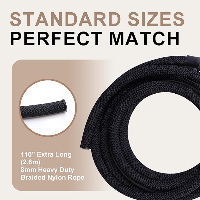 Heavy Duty Pilates Reformer Replacement Rope, 8mm Thick Nylon Cord with Stainless Steel Snap Hook, 110” Universal Length, Durable Low-Wear Cable for Pilates Reformer Machines