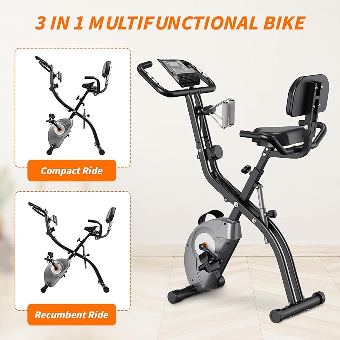 ATIVAFIT Exercise Bike Foldable Fitness Bike Magnetic Foldable Indoor Cycling Bike 3-In-1 Foldable Exercise Bike for Home Use with Resistance Bands Home Workout Exercise Equipment