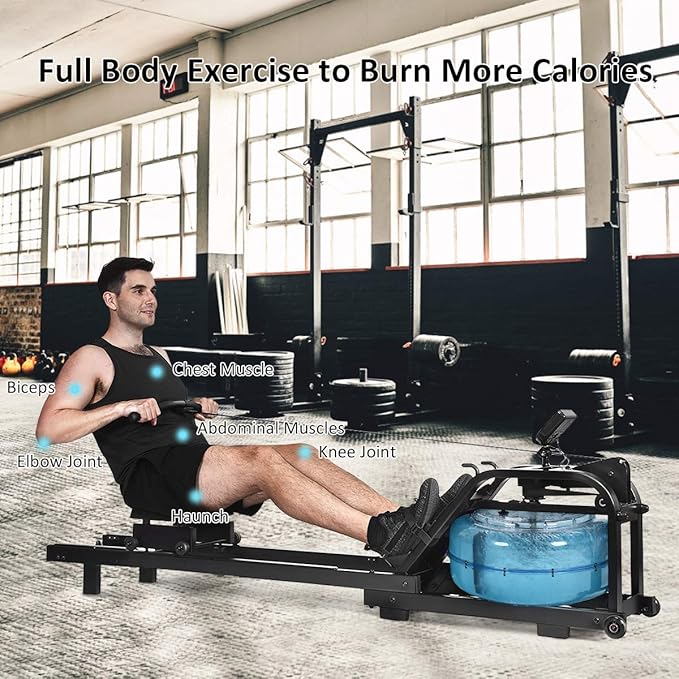 GYMAX Water Rowing Machine, Water Rower with Adjustable Resistance & LCD Display, Easy-Transportation Rower for Whole Body Exercise Cardio Training