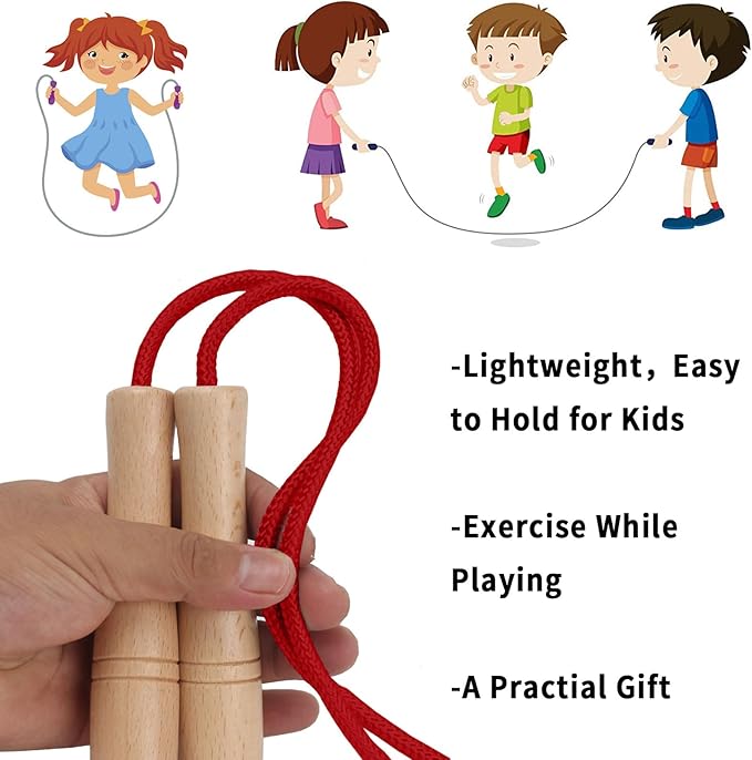Jump Rope for Kids, Adjustable Toddler Skipping Rope with Wooden Handle, 8.5ft Child Jumping rope for Girls and Boys Workout Outdoor Activity