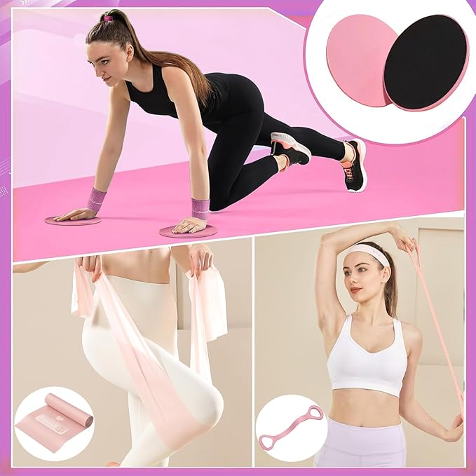Pilates Essentials Kit for Women, Yoga Exercise Equipment Set for Home Workouts with Mini Ball, Resistance Bands, Sliding Disks & Accessories - Fitness Set for Yoga & Pilates Beginners