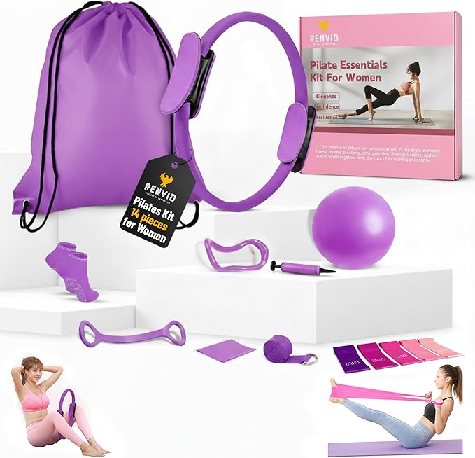 Pilates Ball and Ring Set for Women - 14-Piece At Home Pilates Kit with 12-Inch Magic Circle, 5 Resistance Bands, Home Workout Equipment for Full Body Training (Pink)