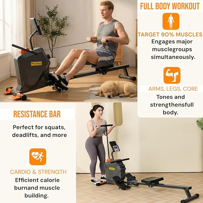 Magnetic Rowing Machine for Home, Quiet Foldable Rower with 8-Level Resistance, 2-in-1 Strength Training, LCD Monitor & Tablet Holder, Full-Body Low-Impact Cardio Workout Equipment (DR1000)