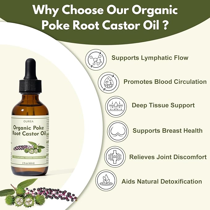 Organic Poke Root Castor Oil – 2 Fl Oz Natural Lymphatic Support Massage Oil, Soothing Relief for Cysts, Boils, Breast, Fibroids, Swollen Lymph Nodes & Joint – Deep Tissue Drops