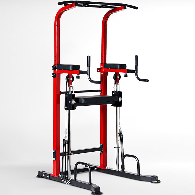 Dland Power Tower Dip Station Pull Up Bar Exercise Tower, Multifunctional Adjustable Height Training Equipment for Home Gym, Free Standing Assisted Fitness Workout Pullup Rack Station Machine