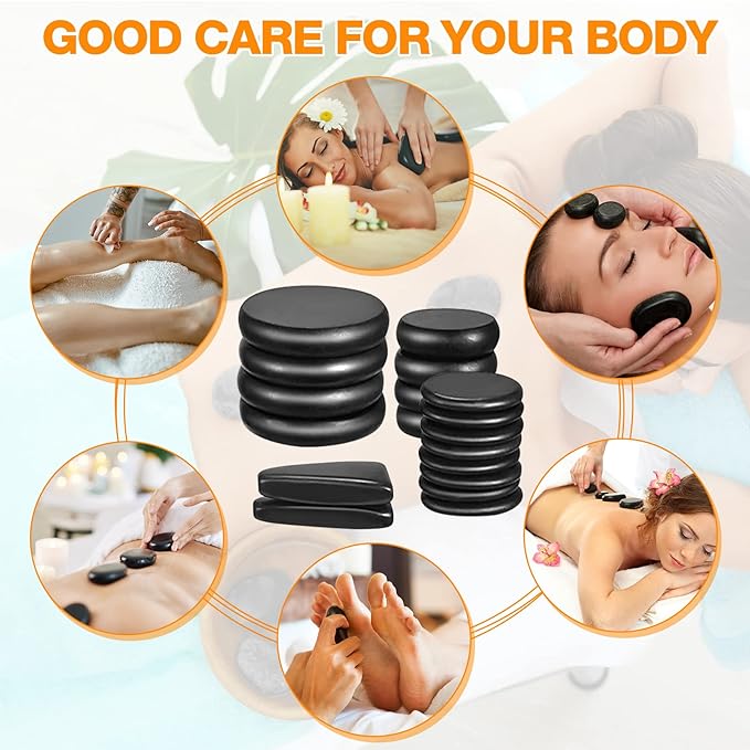 Yunsailing Hot Stones Massage Set 18 Pieces Basalt Hot Rocks Massage Rocks Kit Black Smooth Stones for Professional Home Spa Warming Relaxing Pain Relief, Constant 50°c (122°f)(Temperature Constant)