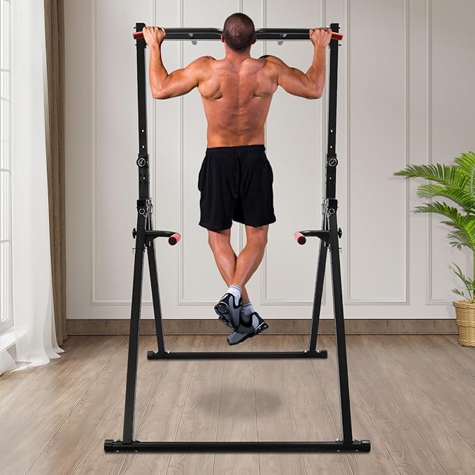 Power Tower Pull Up Bar Station Multi-Function Adjustable Height Foldable Dip Station for Home Gym Workout Heavy Duty Strength Training Fitness Equipment Stable Triangular Structure 440 LBS