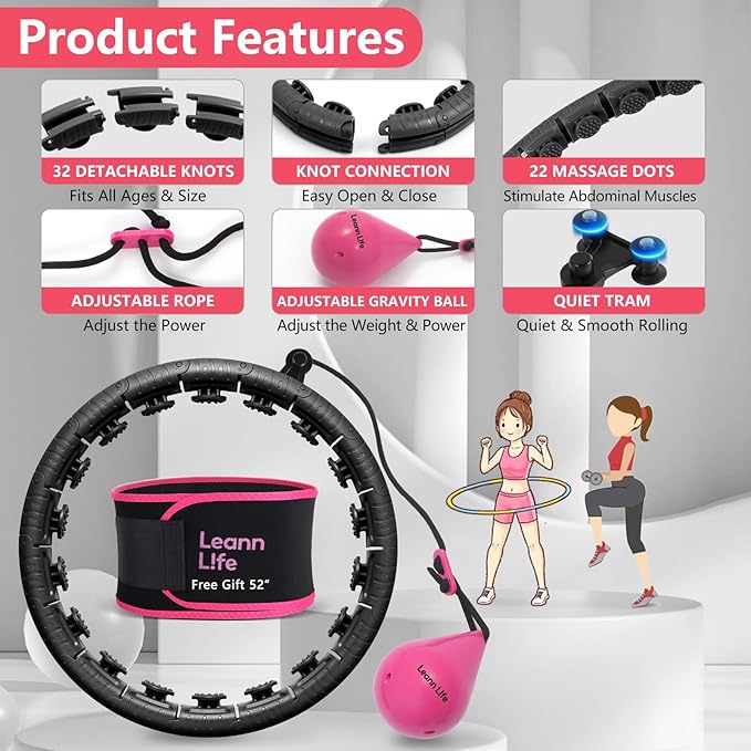 U2 Black-32 Knots 19”- 65”, Detachable & Size Adjustable Weighted Hula Hoop for Kids Adults Weight Loss, Infinity Hoop Plus Size, Abdominal Toner,5 Color Balls, Free Waist Trimmer&Wash Bag