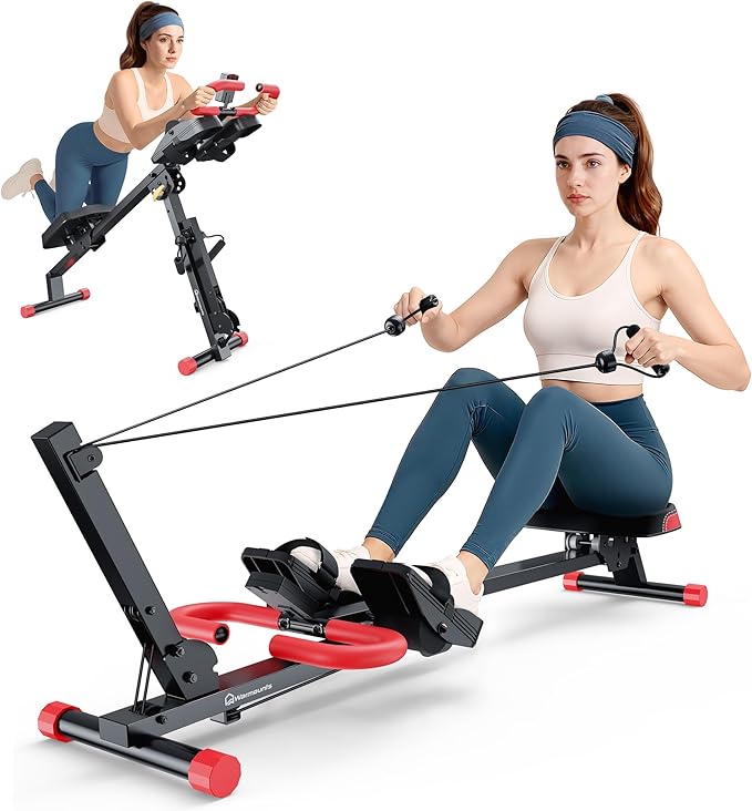 WARMOUNTS Ab Machine, 4 in 1 Foldable Rowing Machine Full Body Workout for Home Gym, Ab Workout Machine with 4 Adjustable Handle & LCD Monitor