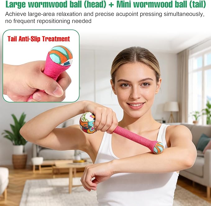 2PCS Long Wormwood Lymphatic Drainage Hammer, Manual Body Massage Hammer, Anti Slip Longer Handheld Herbal Massage Hammer for Back Muscle Relaxation (Rose Red/Dark Green)