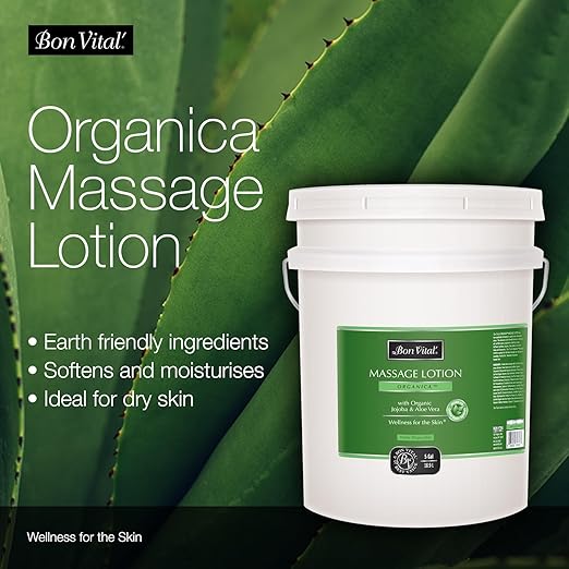 Bon Vital', Organica Massage Lotion, 5 Gallon, Lightweight Massage Lotion for Massage Therapy and Bodywork, Certified Organic Ingredients, Unscented, Professional Spa Use