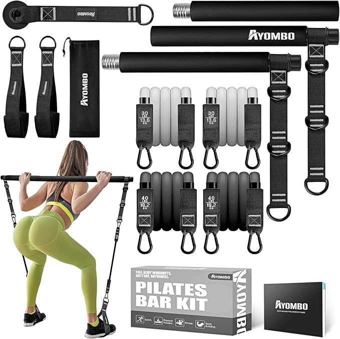 Pilates Bar Kit with Resistance Bands, Pilates Workout Equipment for Legs, Hip, Waist, Arm, Squats Exercise Equipment for Home Workouts, Adjustable 3-Section Pilates Bar Kit for Women & Men