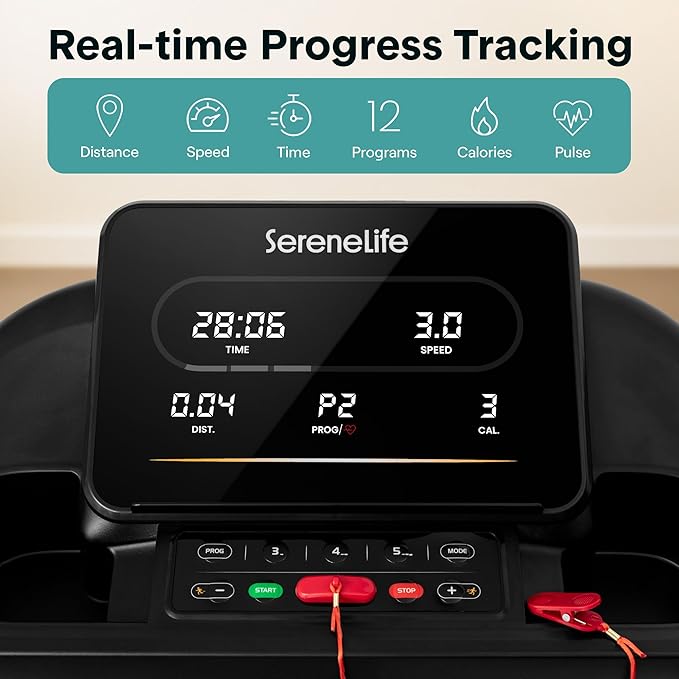 SereneLife Treadmills for Home with 13% Manual Incline Treadmill, 3.5HP - Compact Digital Portable Foldable Treadmill with Speakers, Bluetooth, App Sync, Heart Rate Monitor, for Walking, Running, Gym