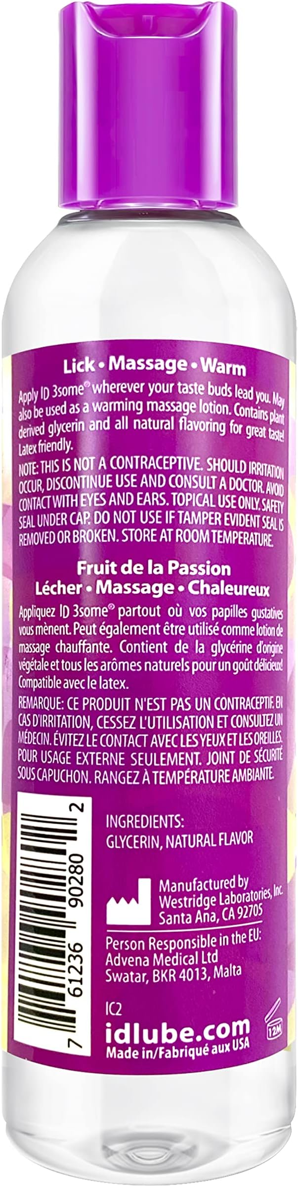 ID Lubricants 3some Flavored Sensual Massage – Passion Fruit Oral Delight & Warming Fun for Couples Pleasure - 4 fl oz 3in1 Sensual Massage Lube