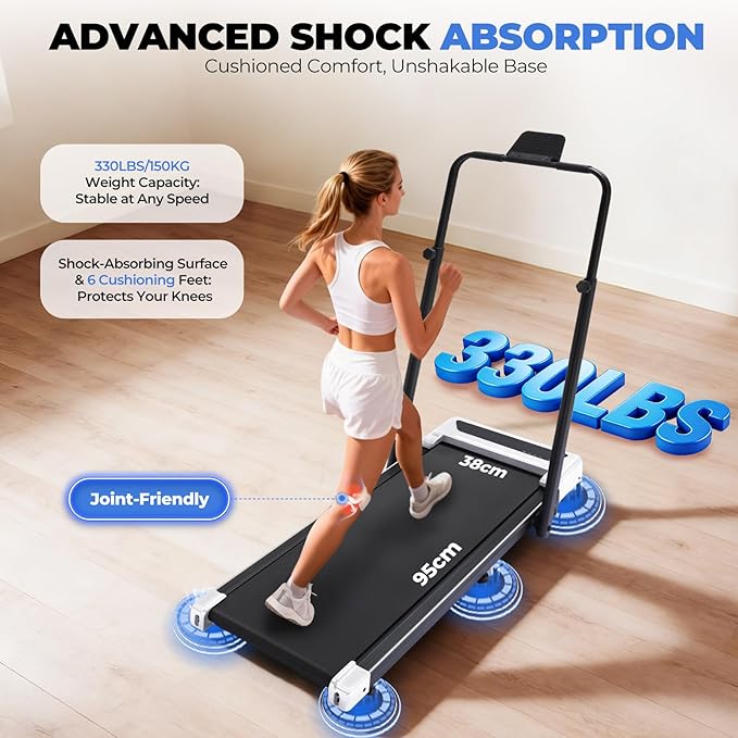GORISE Walking Pad Treadmill with Adjustable Height Handle Bar and Incline, 3HP Quiet Foldable Under Desk Treadmill, Portable Treadmills for Home 350LBS with Remote Control LED Display
