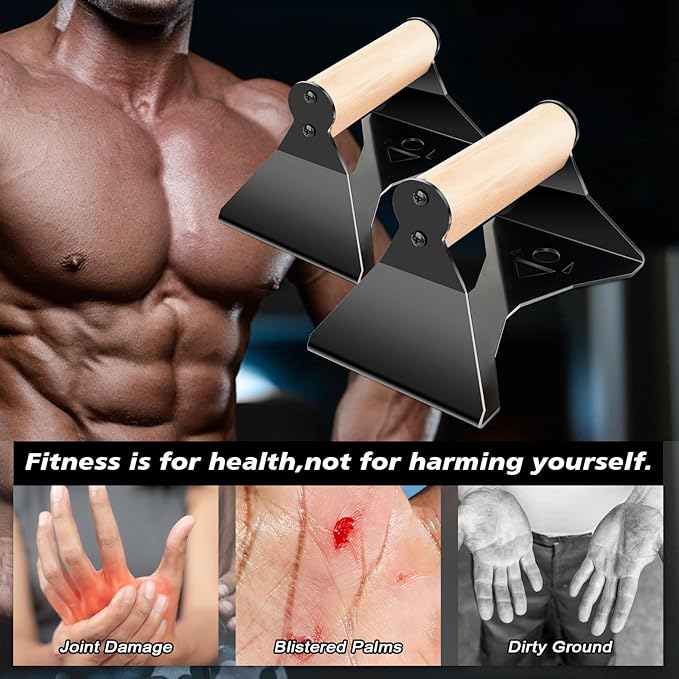 Parallettes Push Up Handles - Heavy Duty Steel Frame with Ergonomic Beech Wood Grips, Calisthenics Equipment for Strength Training, Anti-Slip Push Up Bars for Home Gym (250kg Capacity)