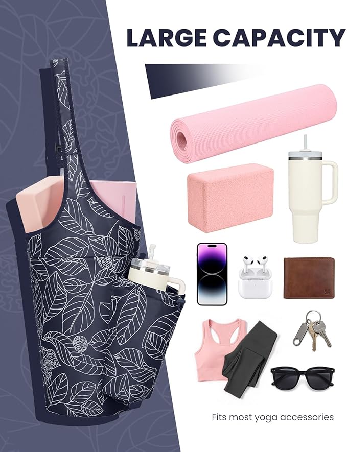 sportsnew Yoga Mat Bag for Women with Drawstring Pocket & Inner Pocket, Large Opening Yoga Mat Carrier for Quick Access, Adjustable Shoulder Strap, Fits 1/4" & 1/2" Thick Mats for Workout, Gym, Pilate