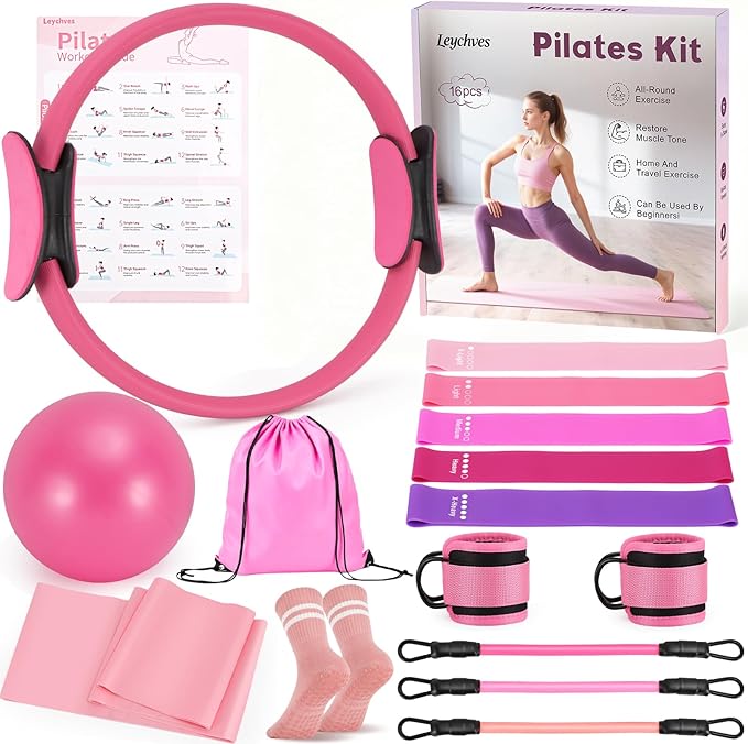 Home Pilates Essentials Kit for Women, Magic Circle Pilates Equipment Ring and Ball Set, 6 Resistance Bands Workout Guide Video for 28 Day Pilates Essential Challenge Starter Kit for Beginners